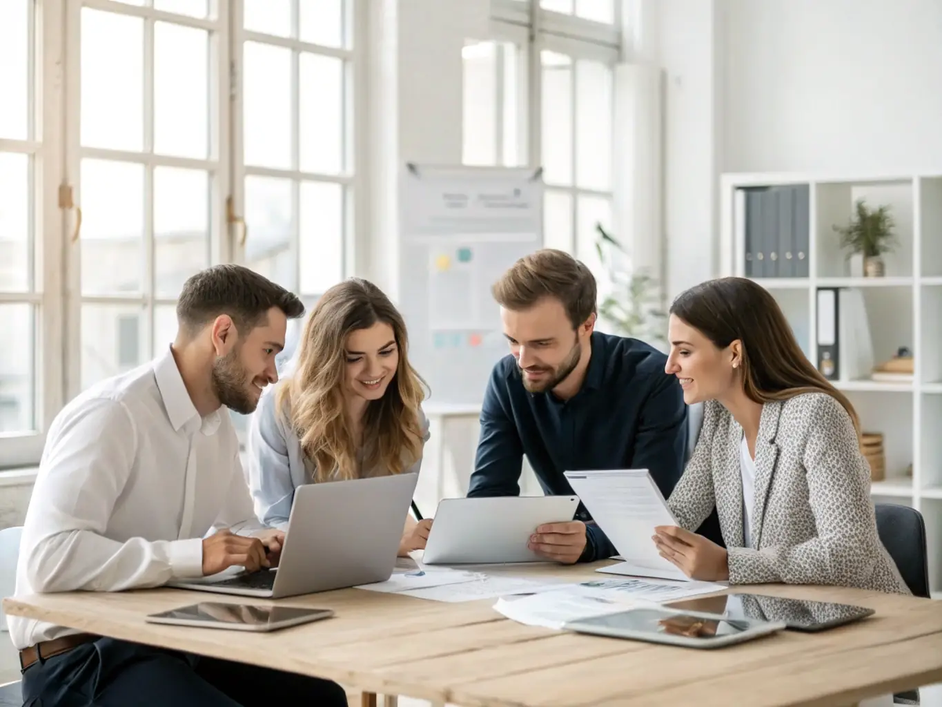 A diverse team of business professionals collaborating on a taxation project, using laptops and financial documents, in a bright and collaborative office environment.