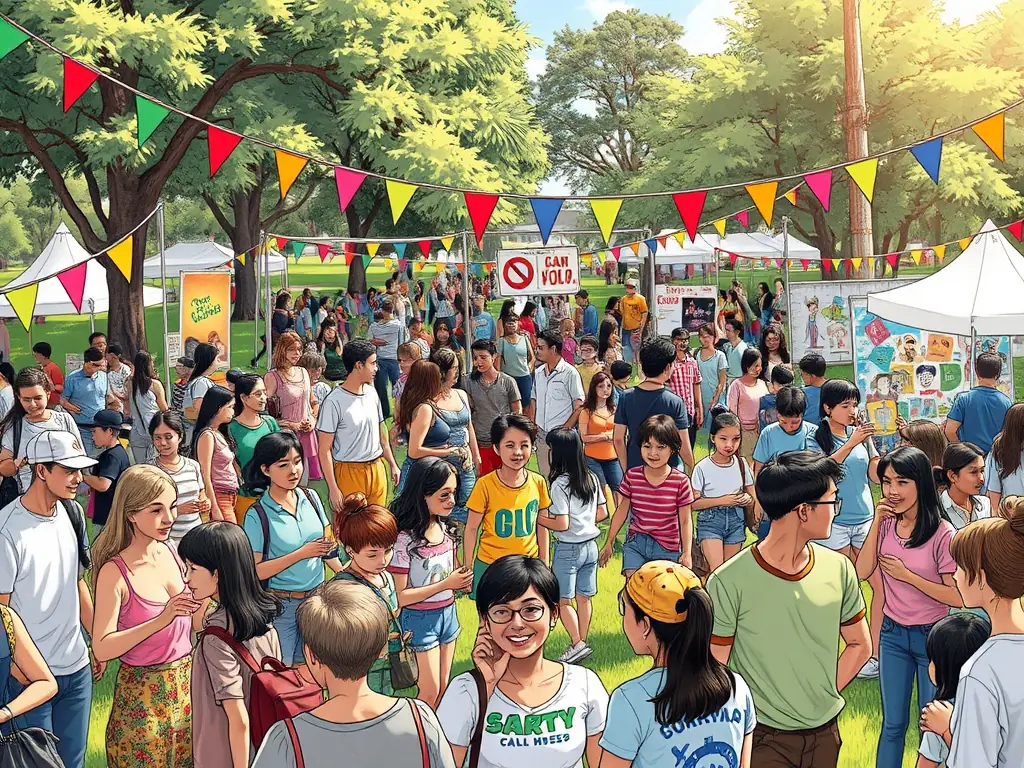 A community event showcasing local businesses and organizations, with people networking and sharing information, in a vibrant and engaging public space.