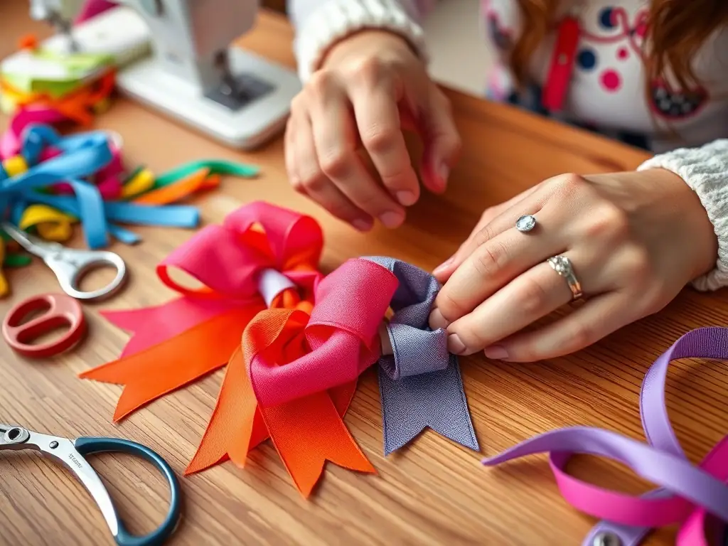 A close-up image of hands crafting custom cheerleading bows, showcasing the creativity and attention to detail involved in designing personalized accessories for performances.