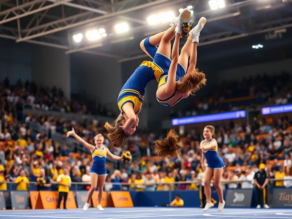 A vibrant image of young cheerleaders in mid-air during a dynamic tumbling routine, showcasing their athleticism and teamwork, set against a backdrop of a cheering crowd at a local competition.