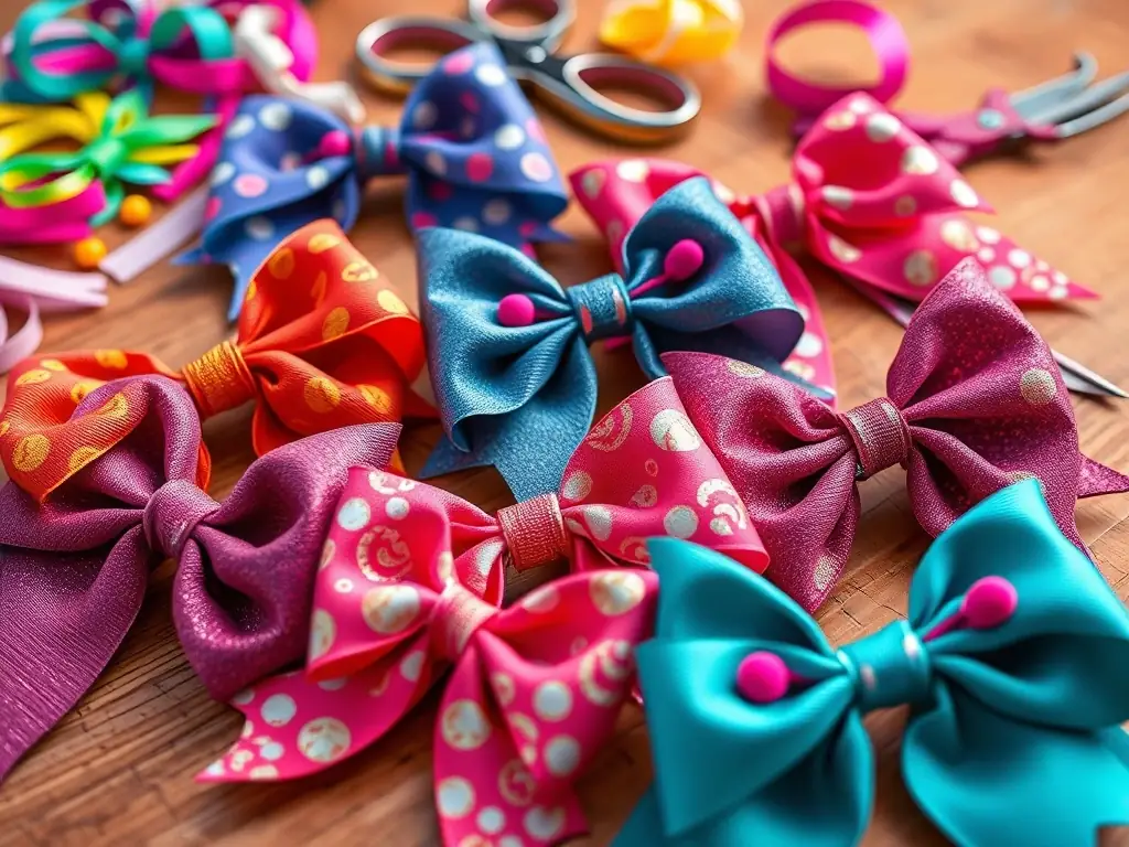 Close-up of beautifully crafted cheer bows with vibrant colors and intricate designs, displayed on a table with various crafting materials.