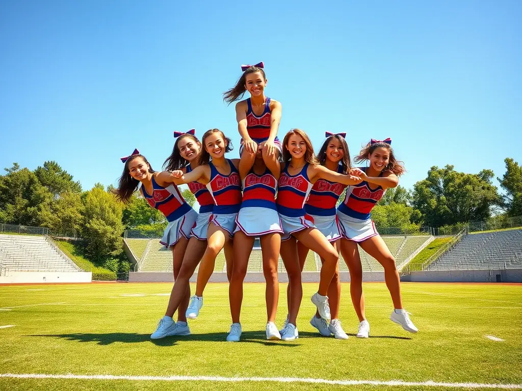 A group of participants performing a lively pompom routine outdoors, with colorful pompoms in motion, set against a backdrop of a sunny park.